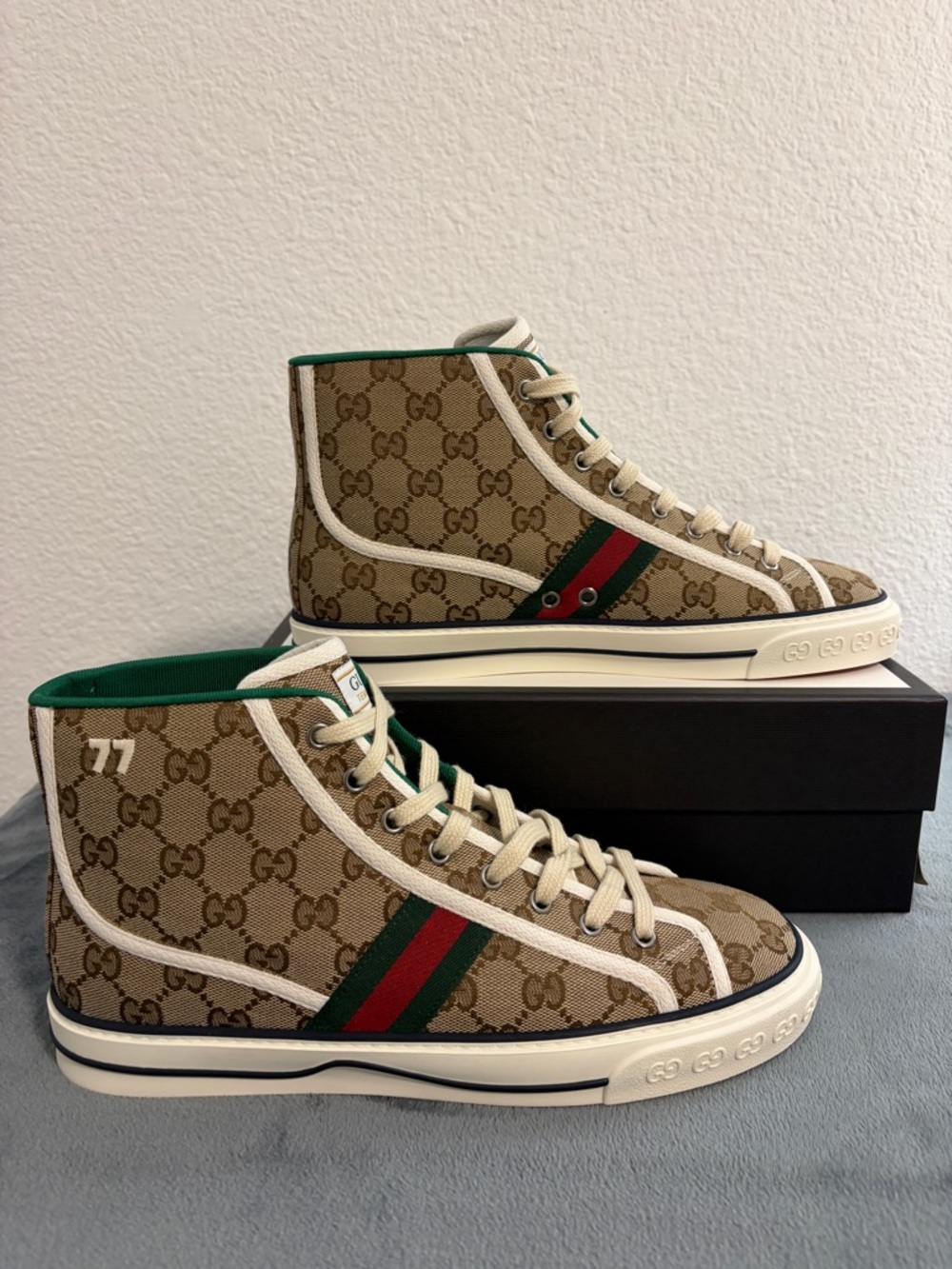 Brand New Women’s Gucci Tennis 1977 High Top Beige Ebony Sneakers Sz 42 (US 12 - Picture 8 of 10